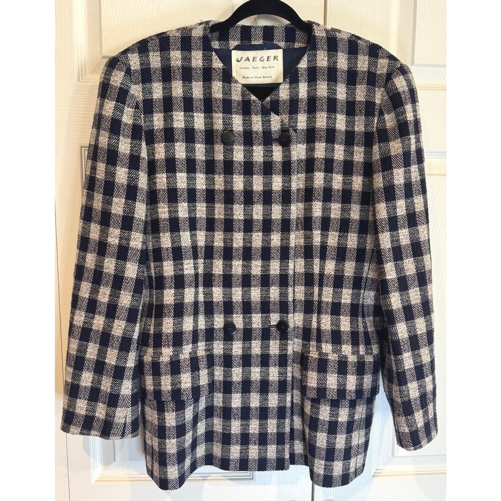 Vintage Jaeger Womens Wool Plaid Blazer Academia Chic Jacket Double Breasted